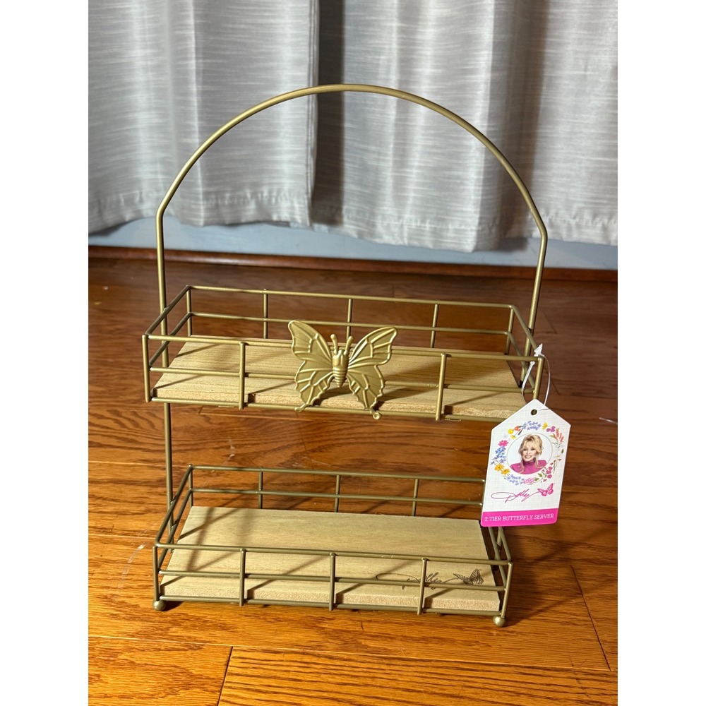 Dolly Parton Spring Collection Butterfly Gold Metal & Wood Server Shelf NWT